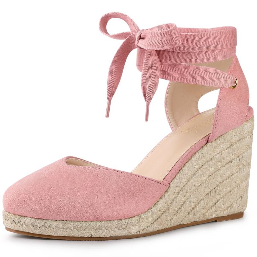 Espadrille Platform Wedge Heel Lace Up Sandals Pink